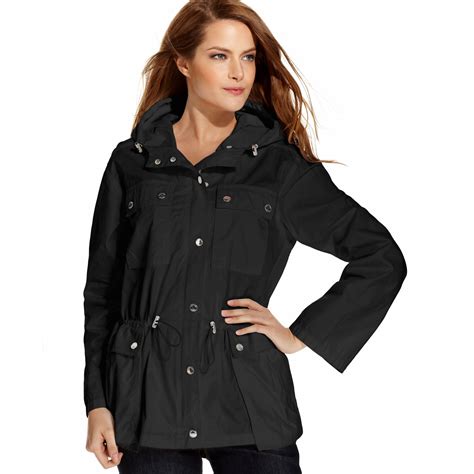 michael kors black leather hooded jacket|Michael Kors anorak jacket women.